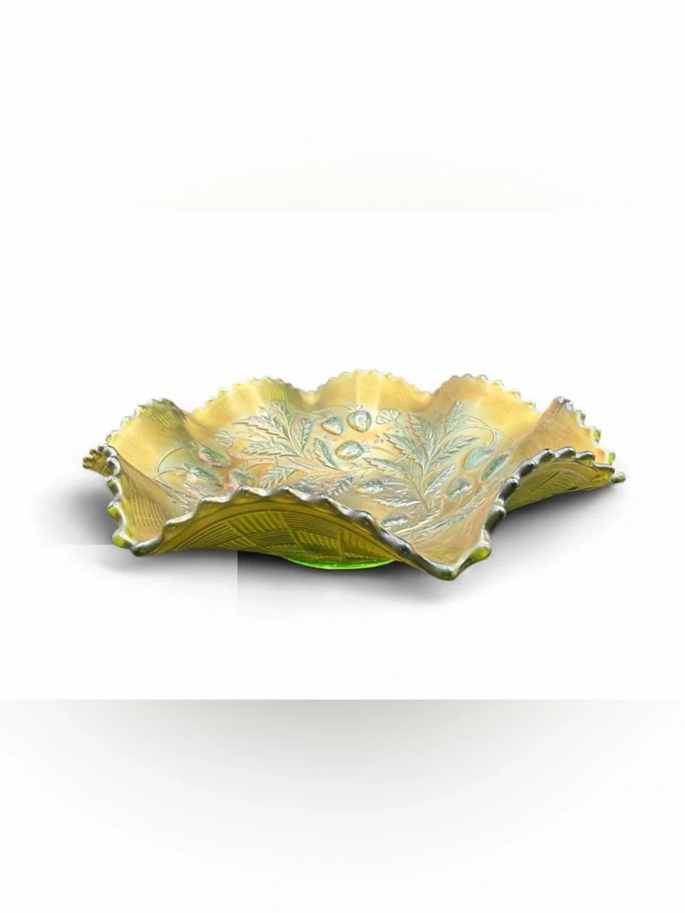Northwood Antique Green Carnival Glass Strawberry Basketweave Ruffle Edge Bowl